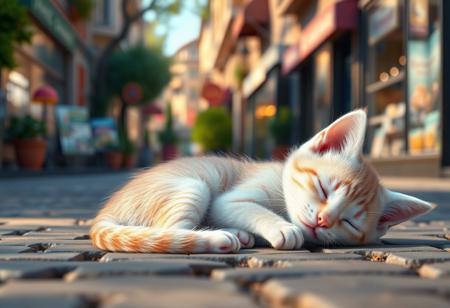 Pixar inspired poster, A perfect masterpiece art by pixar disney,  Digital painting of a cute young pinkish kitten curled sleeping on the ground, paved street, close up, basking in the morning sun, cute cozy atmosphere, shops can be seen in the background, magical fantasy city, life-like masterpiece realitic photo, hyper realistic, A photogenic soft scene, digital 4k art, bokeh, depth of field, detailed eyes, 4K, vivid, extremely detailed, perfect anatomy, maximalist, dynamic, absurdres, 8k photography, three point perspective, Ultra-realistic, Hyperrealism