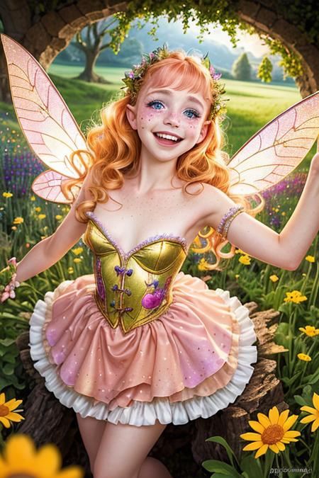 a radiant photograph with direct lighting portraying a fairy-tale pixy monster-girl having joly smile, light freckles, and glinting peepers, captured at a flourishing fantasy meadow in an imaginary fantasy world