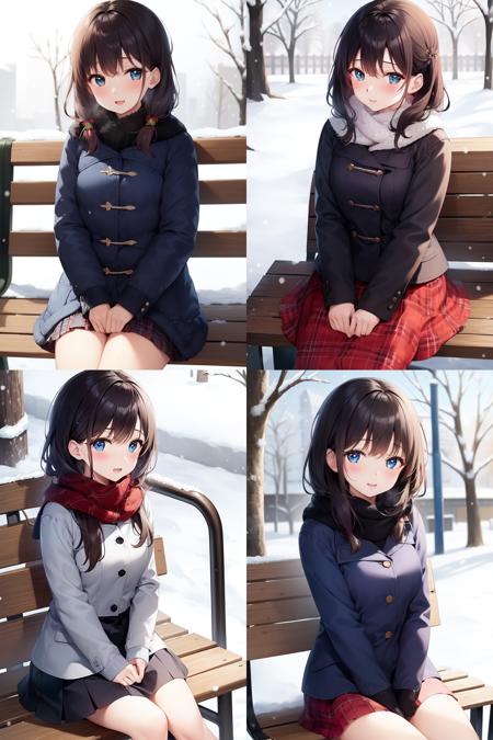 1girl, sitting on bench, outside, snowing , winter , ColourfulCartoon,