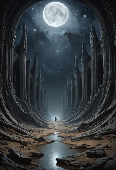 Irritating eternal endless emptiness of space fulfilled with the immense inexhaustible irresistible source of awe and horror, masterpiece, best quality, detailed, high quality, scenery, by xavier valls