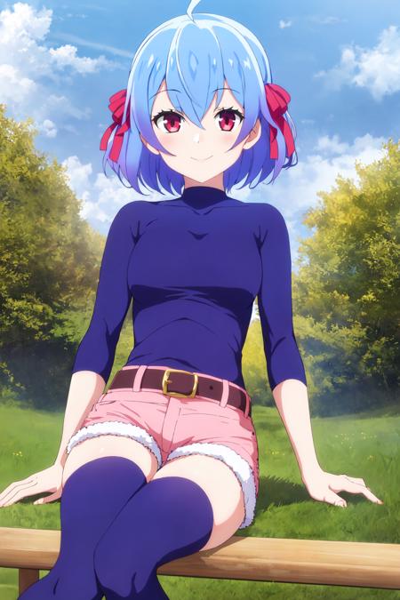 ruti, 1girl, solo, looking at viewer, red eyes, blue hair, ahoge, short hair, hair between eyes, bangs, smile, ribbon, shorts, belt, blue thighhighs, masterpiece, outdoors, siting 