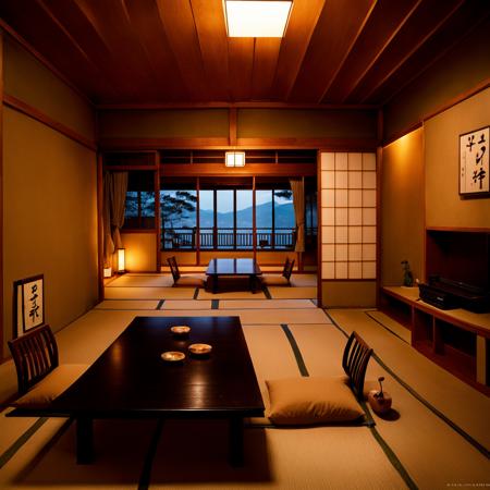 ryokan, table, indoors, scenery, sliding doors, tatami, cushion, zabuton, door, television, cabinet, window, pillow, realistic, photo (medium), photo background