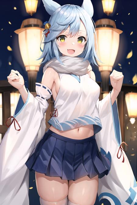 ((beautiful, masterpiece)), best quality, extremely detailed face, perfect lighting, 4k, 1girl, solo, fubukiAL, smile, blush, open mouth, fubuki_\(azur_lane\), fang, skirt, shirt, thighhighs, navel, white shirt, pleated skirt, detatched sleeves, navel, miniskirt, wide sleeves, scarf, white thighhighs, blue skirt, <lora:FubuLoraV1:0.9>, cowboy shot