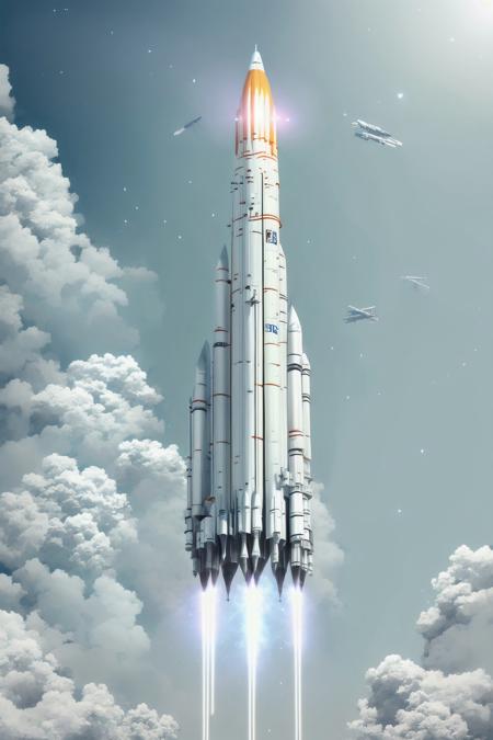 a rocket, (no humans:1.9), <lora:CloudJourney:1.0>