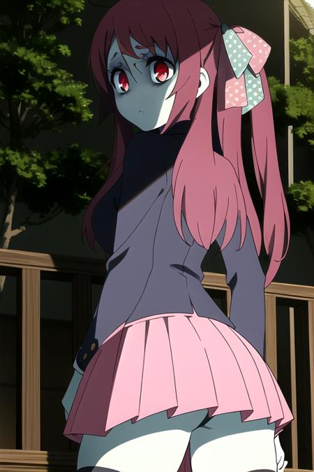 absurdres,  upper body, shirt, skirt,thighhighs,ass, pink hair, hair ribbon,  zombie, red eyes ,<lora:SakuraMinamotoR4:0.7>,SakuraMinamotoR4,