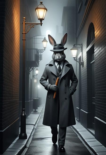 3D art, anthropomorphic rabbit, detective noir, trench coat, fedora, carrot cigar, foggy alleyway, warm streetlamp glow, cinematic lighting, minimalist palette, detailed fur texture, graphite texture, rough cotton fabric, subtle expression, elegant composition, refined character design, timeless atmosphere, whimsical noir, urban mystery, stylized realism