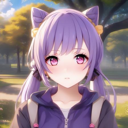 a cute girl in a park, pruple hair, hair ornament, twintails, cat ears hairstyle, ambient light, (detailed face, detailed body: 1.4), detailed anime style <lora:Keqing(Genshin_Impact):1>