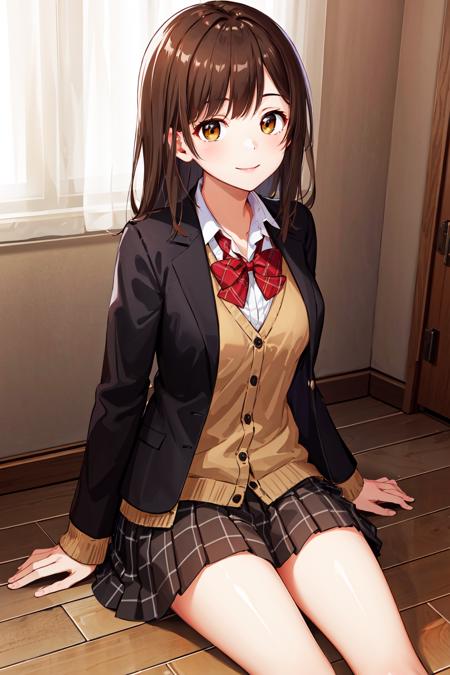 masterpiece, best quality, highres, 1girl, brown hair, long hair, bangs, brown eyes, medium breasts, red bowtie, school uniform, black jacket, open jacket, brown cardigan, white shirt, black skirt, plaid skirt, <lora:ogiwara_sayu_v1:0.6>, sitting, on floor, smile, room