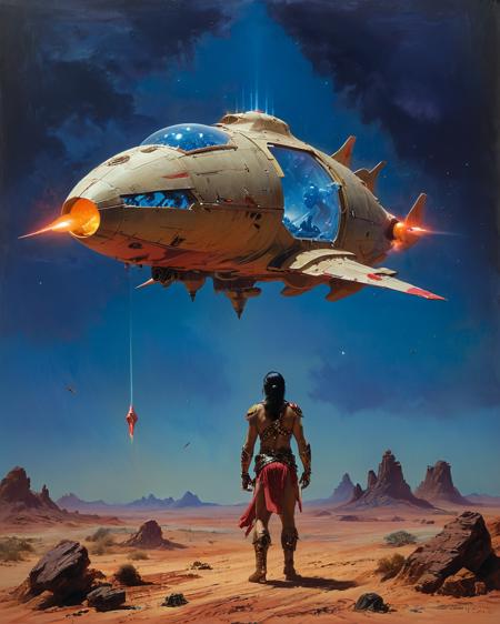 John Carter Warlord of Mars, sand, floating spaceship, blue hour, Flash Gordon, pulp magazine, lora:add-detail-xl:0.75> <lora:xl_more_art-full_v1:0.5>