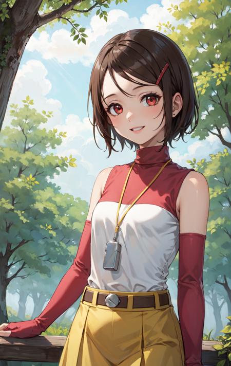 HikariDef short hair, brown eyes, red eyes, brown hair, hair ornament, hairclip shirt, bare shoulders, elbow gloves, gloves, skirt, jewelry, sleeveless, belt, turtleneck, yellow skirt, whistle, whistle around neck, fingerless gloves