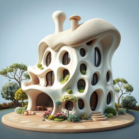 A 3D printed house with a unique and organic design in a hyperrealistic style