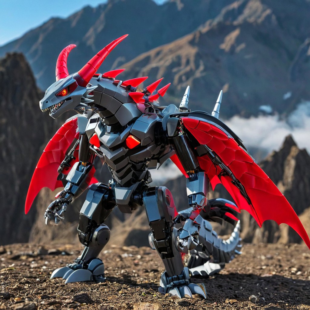 novuschroma53 style, codeandigital, c0dean0igital, cyberw0rlds, no humans, dragon made of plastic, mountain background, wings made of plastic, claws, solo, open mouth, tail, red eyes, sharp teeth, teeth, monster, robot, full body, non-humanoid robot, horns, mecha, flying, tongue, from side, creature, fangs, science fiction, glowing, spikes, red eyes, plastic scales, red gem, looking at viewer, armor made of plastic, Tokio background, Tokio, mountain