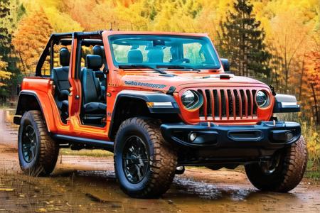 <lora:jpwrng-000005:0.9> jpwrng orange body, doors removed, top down, parked in a forest, wide-angle, 24mm focal length, tall trees, natural lighting, fall colors, style-autumn:1.0, sharp focus, smooth, urban, intricate details, 8k wallpaper, art by artgerm