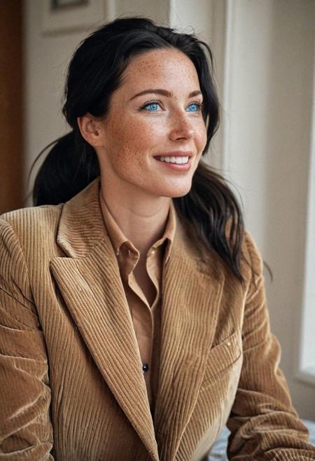 Stunning analogue photo of a beautiful 38 years old Dutch woman, corduroy suit, corduroy pants, perfect face, absolute beauty, sexy pose, natural raven black hair, ponytail, blue eyes, perfect eyes, realistic eyes, freckles, freckles and moles all over body, realistic freckles, absolute perfect tits, big tits, nice and soft natural tits, absolute perfect nipples, looking up, laughing, in her cozy bedroom, vintage style, natural warm and soft light, early morning, stunning result, highly detailed skin, highly detailed eyes, highly realistic