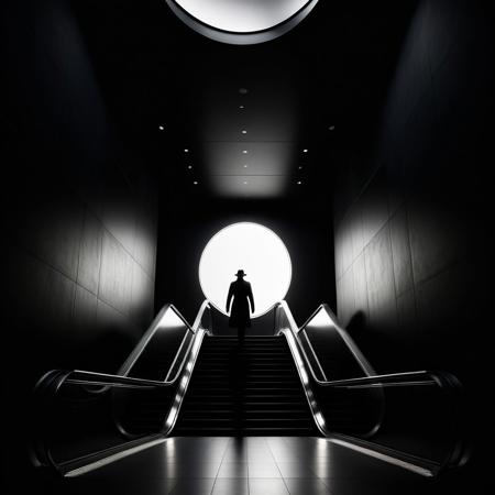 Ultra realistic black and white pencil  image of
A black and white photograph of a silhouette of a person wearing a hat, riding up an escalator in a dark, modern interior. The lighting is dramatic, casting strong contrasts and emphasizing the shape of the person against the illuminated circular architectural feature on the wall in the background. The overall mood is mysterious and atmospheric.(Seen from the side:1.6)
BREAK
Dark theme, dynamic lighting, (soft shadows), (soft focus), (photo realistic), uhd, 8k