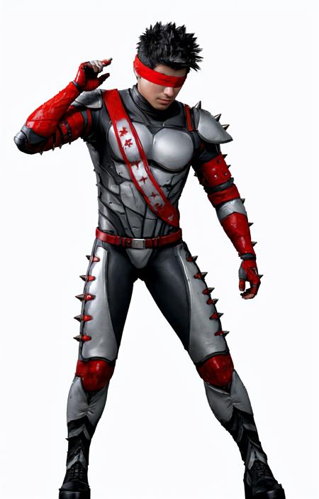  mkenshi, 1boy, bodysuit, black hair, (blindfold),  armor, spiked hair, short hair,  long gloves, in city, belt,