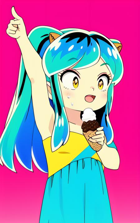 AS-YoungerV2:1.3,1 girl,yellow background,finger pointing,index finger raised,imitating,pointing up,solo,food,mouth open,water green hair,multi colored background,holding food,rainbow background,holding ice cream,ice cream,children,leopard print long dress,corner,