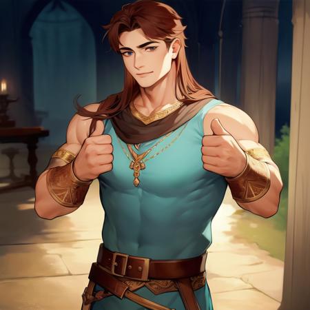 masterpiece, best quality, 1boy, muscular male, thumbs up, (tunic:1.5), fantasy, belt, long hair