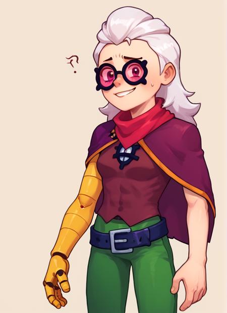 1 girl , bsbelle , white hair, tinted eyewear   ,purple  capelet,red scarf, single mechanical arm,  single arm , brown shirt , green pants ,belt , solo ,