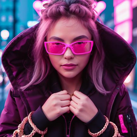 DSLR photo, woman pink reflective sunglasses on her face, jacket, gold bracelet, holding her face, jacket, gold bracelet, holding her face, crossing the street at night, bright pink neon backlight, (zoomed out:1.2), <lora:NeonNoir-000002:0.65>, NeonNoir, hard shadow, masterpiece, best quality, Intricate, High Detail, 8k, modelshoot style, film grain, <lora:theovercomer8sContrastFix_sd15:0.1>, fists,