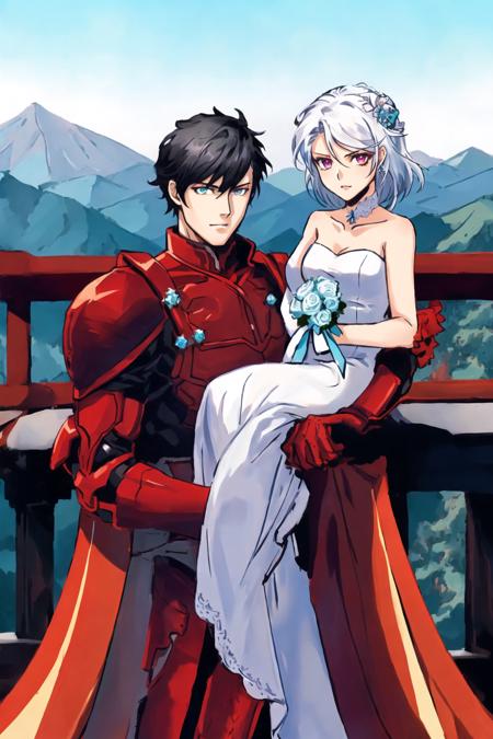 best quality,man and girl, black hair girl with purple eye in white wedding dress, white hair male with red eye in black armor,
clear blue sky, asia style, mountains at far