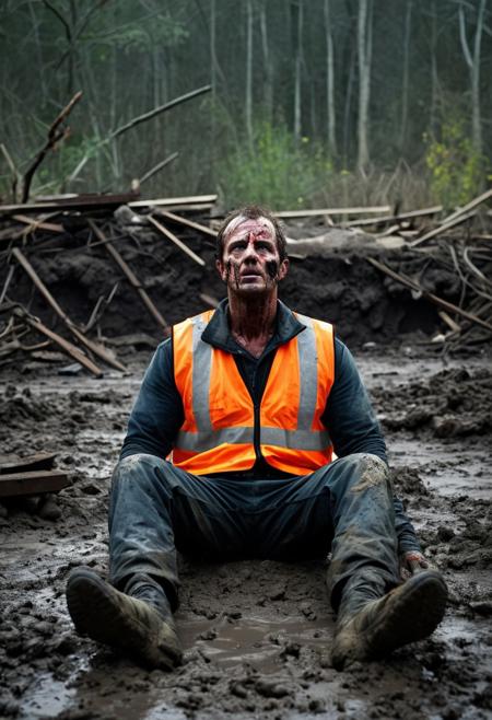 Man buried up to neck in high visibility vests, muddy surroundings, eerie atmosphere, darkness, mysterious figure, intrigue, suspense, horror movie plot twist, abandoned construction site, gritty textures, photorealistic style, haunting imagery, lone survivor, survival story, grungy look, apocalyptic landscape [[]] ((high quality, masterpiece,masterwork)) [[low resolution, worst quality, blurry, mediocre, bad art, deformed, disfigured, elongated, disproportionate, anatomically incorrect, unrealistic proportions, mutant, mutated, melted, abstract, surrealism, sloppy, crooked]]