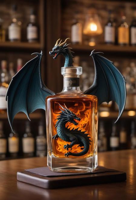 perfectly contained Inside a whisky bottle: A majestic Flying dragon. holding a shot glass, breathing flames, on a English bar, in front of a slightly blurred background of a wall of other liquor bottles