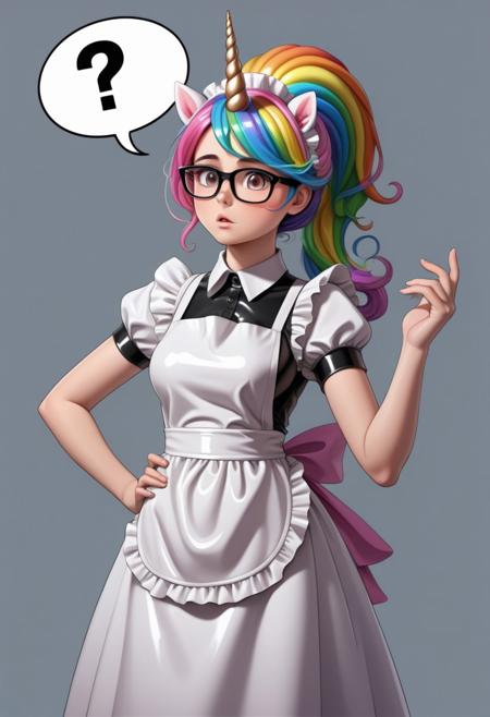 lazympos, RainbowUnicornStyle, anime, unicorn horn, 1girl, maid, maid headdress, latex dress, long dress, (white apron:1.2), small breasts, rainbow hair, folded ponytail, swept bangs, gray eyes, glasses, hands on hip, looking up, confused, ?, speech bubble, question mark