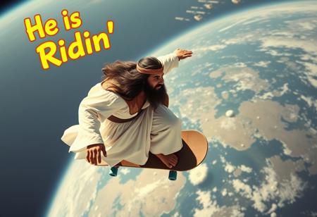 A middle eastern guy with long hair and a beard in white robes riding a skateboard in orbit above earth, olive skin, text above him says in a hippie font “He is Ridin’ “, realistic