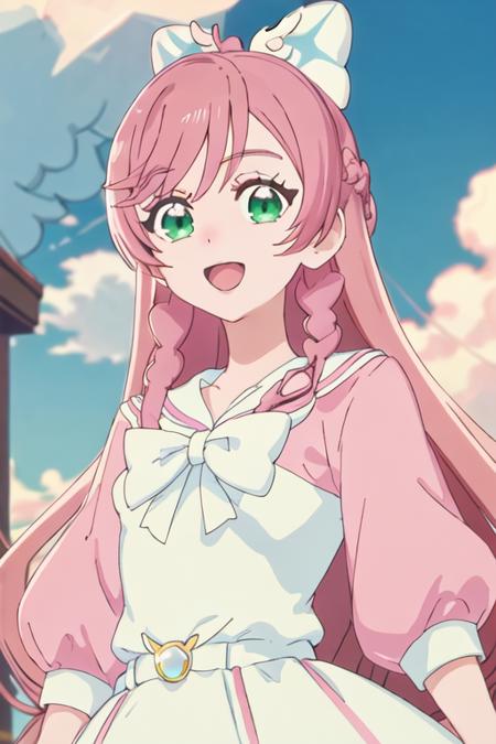 cure_prism_hirogaruskyprecure long_hair, green_eyes, pink_hair, bow, open_mouth, bangs, smile, white_bow