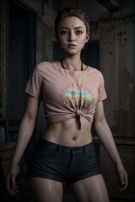 JuliaManOfMedan, solo, 1girl, shirt, shorts, realistic, tied shirt, midriff, dark, t-shirt, cowboy shot, short hair, black shorts, navel, print shirt, pink shirt, black hair, short shorts
,masterpiece, best quality, 
<lora:epi_noiseoffset2:1>,  <lora:JuliaManOfMedan:0.7>