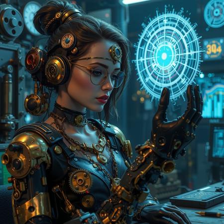 steampunk style a cyberpunk girl in a high-tech lab, studying holographic data while her cybernetic limbs move seamlessly, blending her high-tech augmentations with human beauty and intelligence. antique, mechanical, brass and copper tones, gears, intricate, detailed