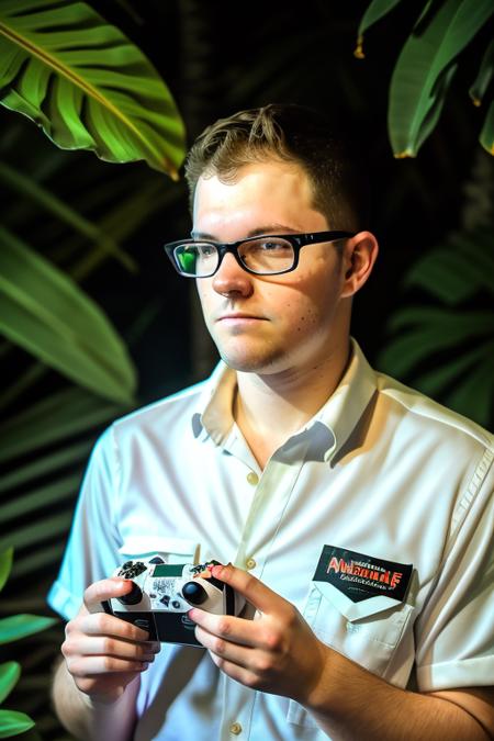 raw photo of a young adult man, extreme close up, perfect face, glasses, white button up shirt, holding a nintendo console, nintendo controller, in a jungle paradise, 8k uhd, fujifilm xt3