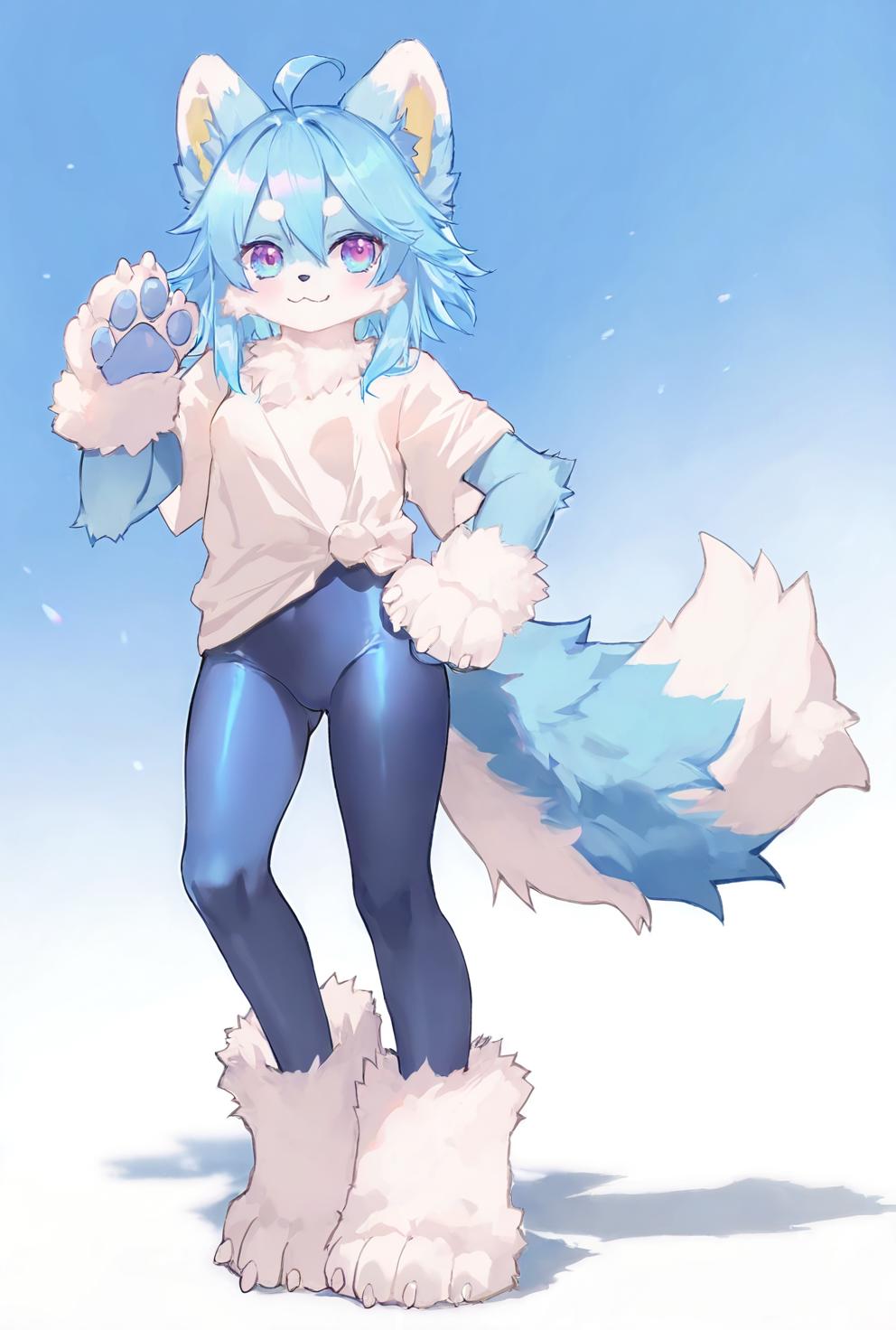 masterpiece,amazing quality,{rin_yuu,atdan,wanke},achiki,au_(d_elete),[hito_komoru,qizhu],{toosaka_asagi},year_2023,
(furry:1.05),furry dog,furry male,blue and white fur,furry paws,white and blue smooth bodysuit,bodysuit under clothes,white t-shirt,white background,blue eyes,furry ears,half fur suit,realistic,solo,full body,<lora:HalfFurSuitPonyLora:0.85>,