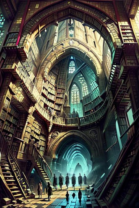 Dungeons and Dragons, large library, tons of people walking around, inside library,
Half-timbered Construction, oil painting, fantasy00d