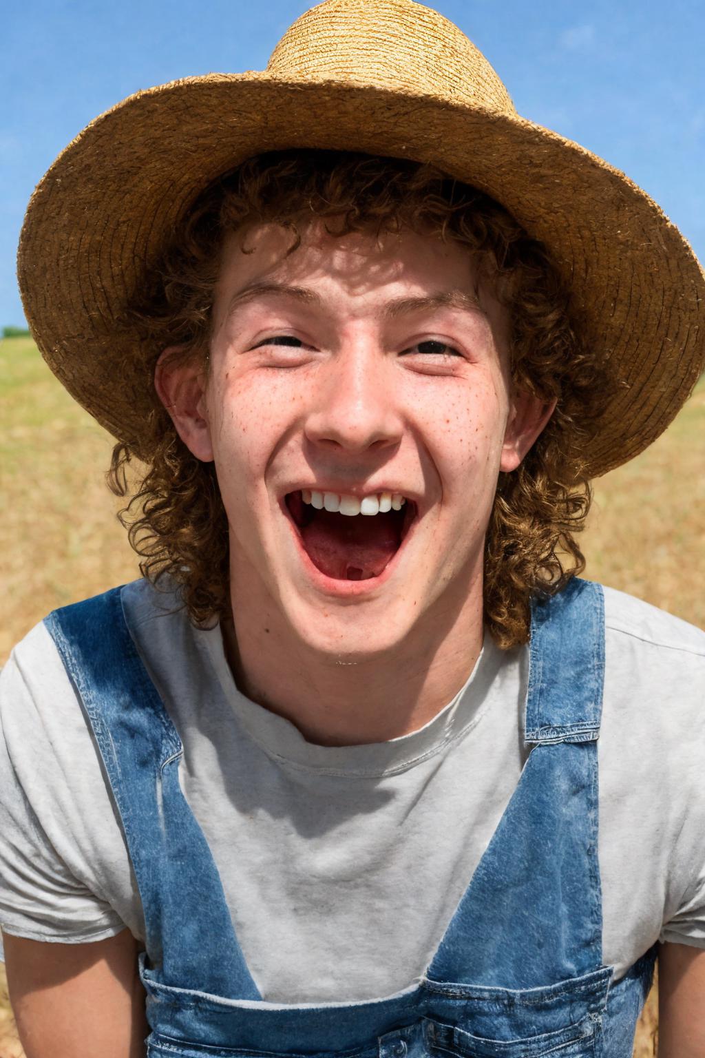 close-up photo portrait of a 20 yo european man, blond short curly hair, blue eyes, laughing face expression, freckles, denim overall, t-shirt, straw hat, farmer, simple background