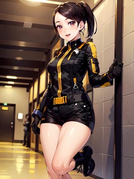 (extremely detailed CG), (best quality), perfect face, shiny skin, lustrous skin,wide hips,narrow waist 1girl,solo   <lora:YokoUsami-10:0.8> Yokousami,black gloves,wristwatch,black eyes,short shorts,black shorts, boots, gloves, ponytail,jacket,shorts, black hair,short hair,smile, thumbs up, indoors