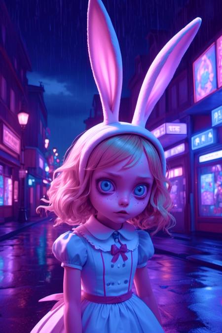 running creepy  little  Japanese alien  anime   alice in wonderland  whit bunny ears,   , l, detailed scene,black, perfect face, intricately detailed photorealism, trending on artstation, neon lights, rainy night, stunning full body anime art   by Mark Ryden, subsurface scattering, ultra hd, 4k, high def, Photorealistic, Hyperrealistic, Hyper detailed, analog style, realistic, masterpiece, best quality, ultra realistic, 8k, Intricate, High Detail, film photography, soft lighting,  heavy shadow