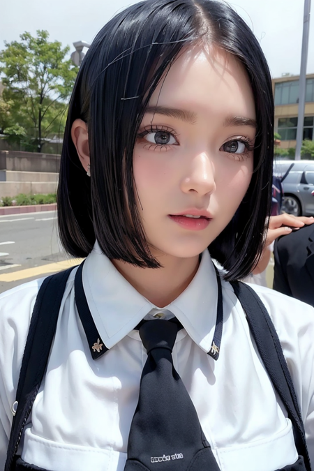 best quality, masterpiece, (photorealistic:1.4), Closer Up:1.4, 1 girl, uniform school, suit school, necklace, cute, ((in school:1.4)), outside, big boobs, -- ((Face Details:1.7)) -- <lora:KSohee-01:1>