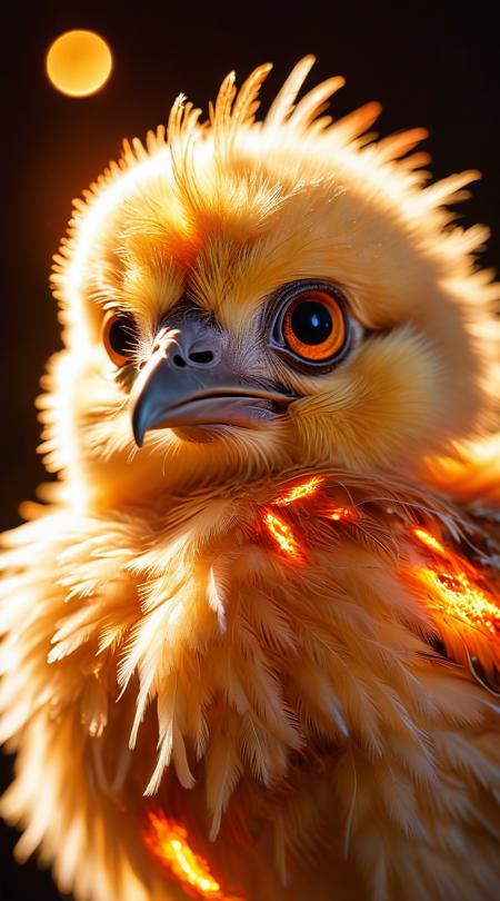 close-up of a sparkling phoenix chick, downy feathers ablaze with fiery light, eyes holding the innocence of a newborn star.