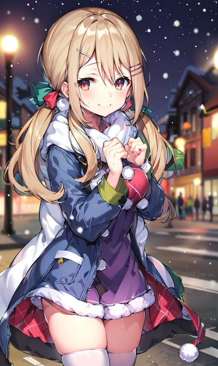 futaba kayano (denonbu), (best quality, 8K, masterpiece, ultra detailed:1.2), (lens flare, light particles, sparkle), depth of field, bokeh, blurry background, blurry,
night, starry sky, gradient sky, christmas, snowflakes, reflective floor, street, people, light, wet floor, snowing, constellation, dynamic pose, smile, (cinematic angle:1.2),
1girl, solo, winter coat, white thighhighs,