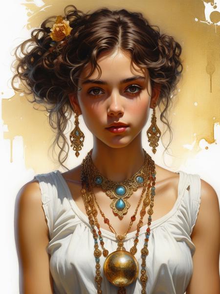 <lora:04Vintageillustration_Hap_XL:1>,Norman Rockwell style,vintage poster, Hyper-realistic digital painting of a beautiful girl, shiny dark brown eyes, messy mid-length hair with golden highlights, beautiful gypsy necklace with intricate details, in a surreal and fantasy setting, combining the artistic styles of Jose Royo, Boris Vallejo, Julie Bell, Carne Griffiths, Benedick Bana, Brian Froud and Eric Wallis, precise anatomy, global light, chiaroscuro, ray tracingï¼