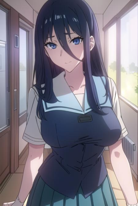 misasuzuhara, <lora:misasuzuharatest:1>, 
misa suzuhara, long hair, black hair, very long hair, (large breast:1.2), (hair between eyes:1.5)
BREAK skirt, school uniform, pleated skirt, serafuku, socks,
BREAK looking at viewer, 
BREAK indoors, classroom, 
BREAK <lora:GoodHands-vanilla:1>, (masterpiece:1.2), best quality, high resolution, unity 8k wallpaper, (illustration:0.8), (beautiful detailed eyes:1.6), extremely detailed face, perfect lighting, extremely detailed CG, (perfect hands, perfect anatomy),