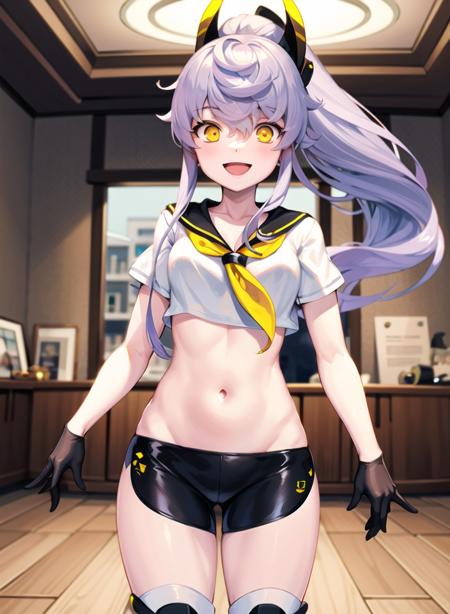 1girl,masterclass,best quality, illustration,  indoors,standing,PurifierDefault,  black_gloves, black_shorts, crop_top, headgear, looking_at_viewer,  midriff,    ponytail,  sailor_collar, sailor_shirt,  short_sleeves,  smile,   thigh_boots,   yellow_neckerchief,  micro_shorts, black_sailor_collar,    <lora:purifier_D8_V2_e6:1>