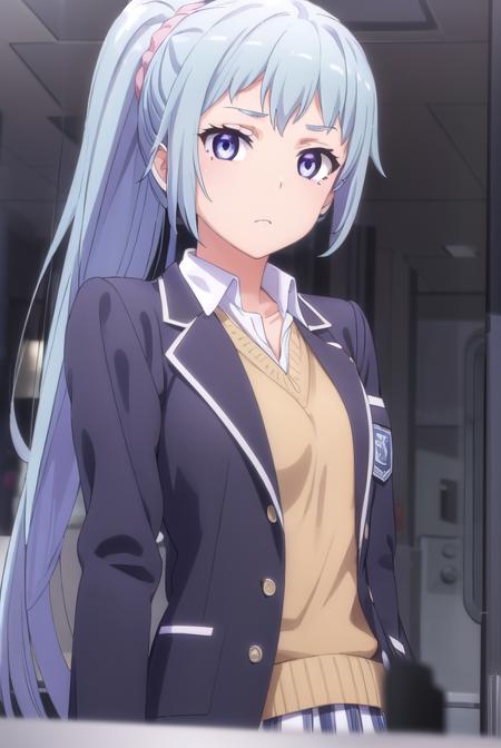 sakikawasaki, <lora:saki kawasaki s2s3-lora-nochekaiser:1>,
saki kawasaki, long hair, hair ornament, blue hair, (purple eyes:1.1), ponytail, mole, mole under eye, scrunchie, hair scrunchie, pink scrunchie,
BREAK skirt, ribbon, school uniform, jacket, black jacket, plaid, plaid skirt, blazer, sobu high school uniform,
BREAK indoors, classroom,
BREAK looking at viewer, (cowboy shot:1.5),
BREAK <lyco:GoodHands-beta2:1>, (masterpiece:1.2), best quality, high resolution, unity 8k wallpaper, (illustration:0.8), (beautiful detailed eyes:1.6), extremely detailed face, perfect lighting, extremely detailed CG, (perfect hands, perfect anatomy),