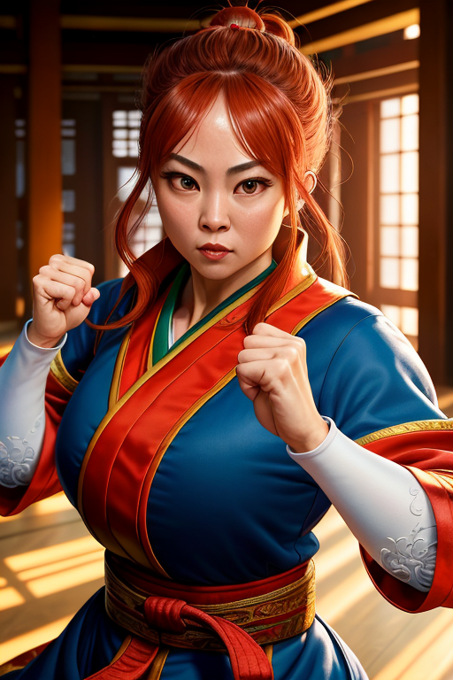 foreshorten kung fu woman (thin:1.1) athletic fists (robes:1.1) (fighting:1.1) stance arena dojo interior
(masterpiece:1.5...