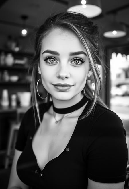 RAW photo, B&W photo, portrait, woman, detailed face, cute round face, natural face, young, 18 yo, beautiful face, light green eyes, big eyes, choker, freckles, large breasts, wearing stylish black top, sits inside a coffee shop, gazing playfully at the viewer through the window, The overall mood is casual and stylish, set against a warm, inviting ambiance
