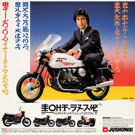 Visualize a classic Japanese motorcycle advertisement from the 1980s. At the center, a suave middle-aged man in sleek attire confidently leans against a shiny, state-of-the-art motorcycle. His expression is one of confidence and allure, his hair neatly styled, reminiscent of popular trends from that era. To his side, there's a sleek car from the same time period, its design symbolizing luxury and innovation. The setting is an open road, with hints of a setting sun in the background, evoking a sense of freedom and adventure. The typography uses bold and stylish fonts typical of the 1980s Japanese design, with phrases that promote the excellence and reliability of the motorcycle, <lora:jp80:0.75>