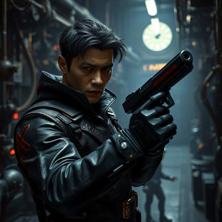 "A cinematic scene featuring Shien's Footsoldier (from X-Men) in a dimly lit industrial room filled with steampunk machinery. Dressed in sleek black leather combat gear, he grips a futuristic pistol, poised for action with a stern expression. Soft volumetric lighting highlights his face and outfit, emphasizing hyper-detailed textures: weathered leather, metallic gadgets, and glowing holographic HUD elements. In the blurred Gothic-style Ghostrick Mansion background, a faint Rescue Hedgehog silhouette lurks, rendered in muted greens and grays. Stylized with Unreal Engine 5 realism, dramatic chiaroscuro shadows, and Octane Render gloss. Composition blends gritty cyberpunk aesthetics with Alphonse Mucha’s Art Nouveau flourishes—flowing lines, gold accents, and intricate machinery patterns. Trending on ArtStation, 8K HDR, golden ratio framing, dynamic Dutch angle. Matte painting depth, cinematic depth-of-field, and retro sci-fi grit reminiscent of Blade Runner. Hyper-realistic pores, fabric wrinkles, and weapon detailing. Color palette: noir blacks, neon crimson highlights, and oxidized copper tones."