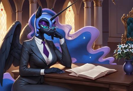 safe_pos, score_9, score_8_up, score_7_up, detailed, masterpiece, concept art, digital art, realistic, indoors, rating_safe, ((indoors)), ((private office)), ((royal palace)), ((royal study)), ((dark lighting)), ((night)), high res, absurd res, source_mlp, g4
BREAK solo female, mature female, anthro, Nightmare Moon_(mlp), Moderate cyan eyes, Brilliant phthalo blue hair with grayish persian blue, Very dark cornflower blue skin, Light sapphire blue eyeshadow, folded feathered wings, navy blue female office suit, purple necktie, wearing eyeglasses, queen, no helmet, bored, reading a document, looking at document, sitting behind a desk, half-lidded eyes, beautiful eyes, medium breasts, natural breast
